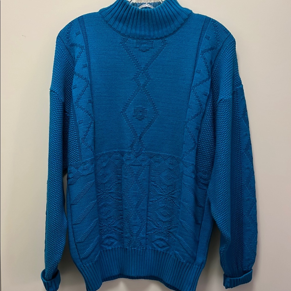VTG OSSI Skiwear Turquoise Mock Turtle Chunky Knit Design Sweater Ladies Large